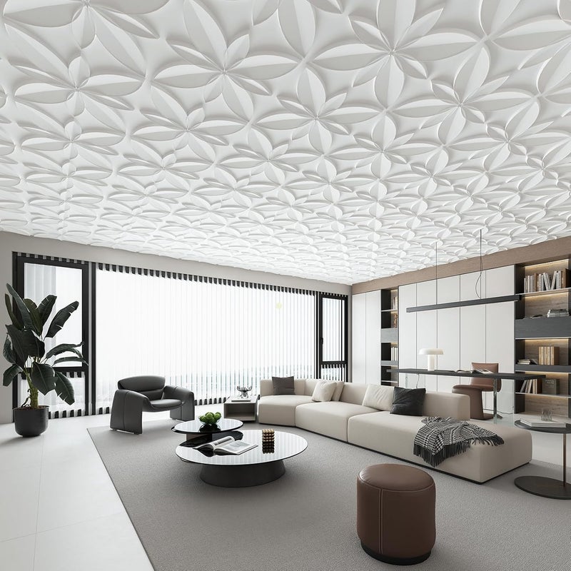 WOWSTAR 12-Pack 24"x24" Drop Ceiling Tiles, Waterproof Glue Up Ceiling Decor, White - Image 4